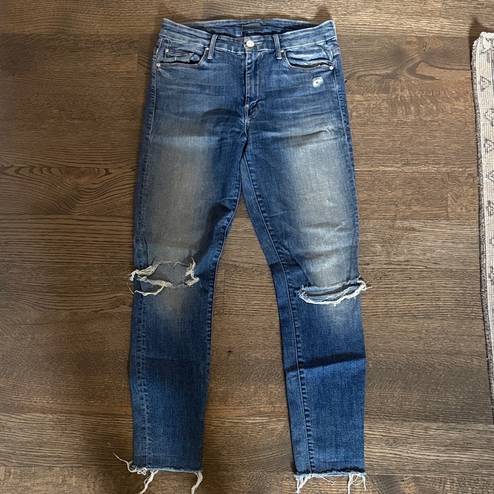 MOTHER Distressed Dark Blue Skinny Jeans